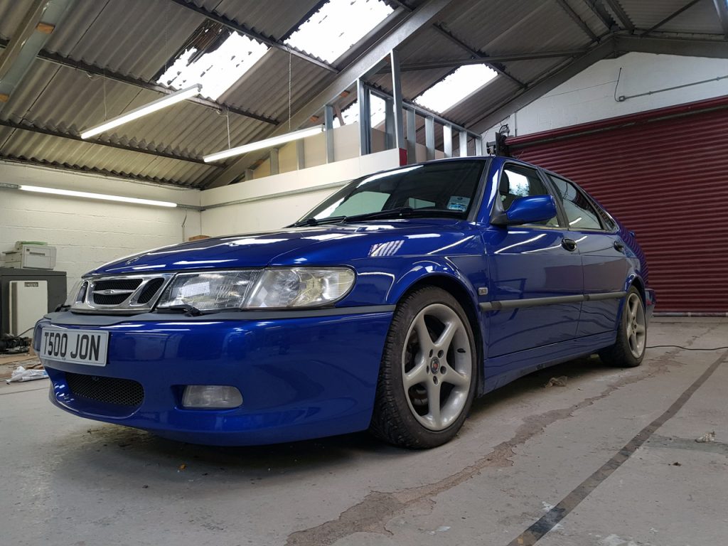 Saab 9-3 freshly painted in garage